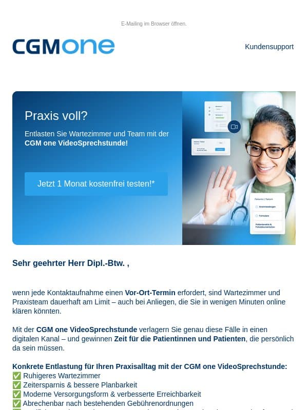 Mehr Ruhe in der Praxis mit der VideoSprechstunde email from CGM