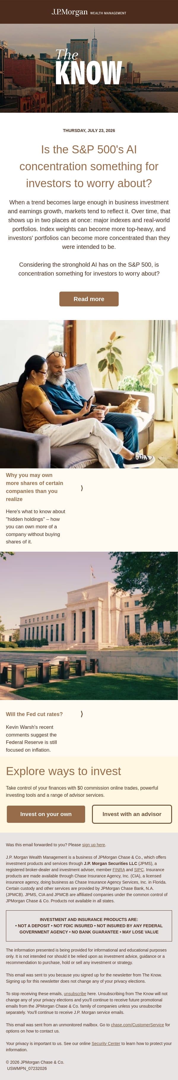 Is the S&P 500's AI concentration something for investors to worry about? email from Chase screenshot