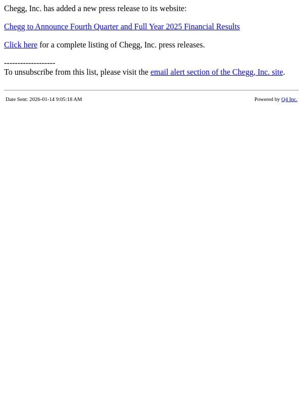 Chegg - Chegg to Announce Fourth Quarter and Full Year 2025 Financial Results email from Chegg screenshot