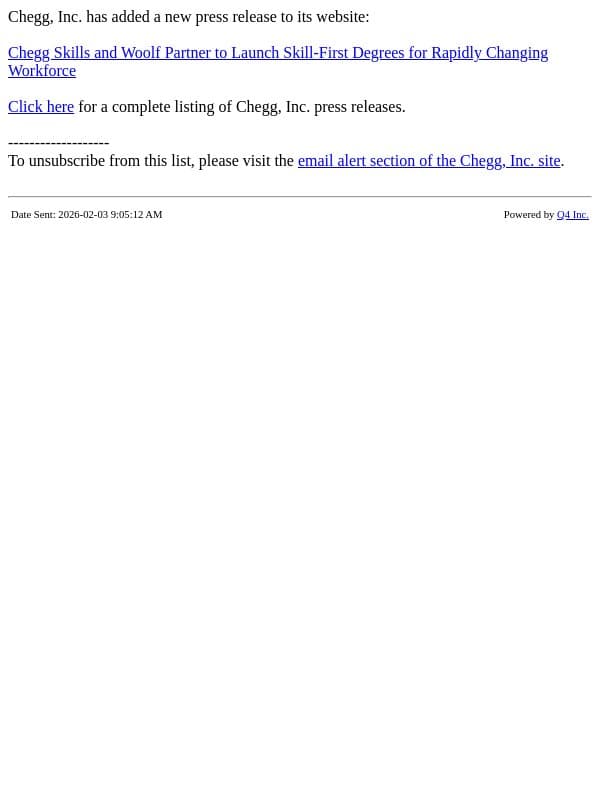 Chegg - Chegg Skills and Woolf Partner to Launch Skill-First Degrees for Rapidly Changing Workforce email from Chegg screenshot