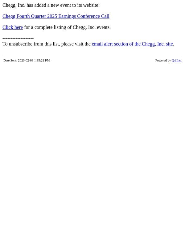 Chegg - Chegg Fourth Quarter 2025 Earnings Conference Call email from Chegg screenshot