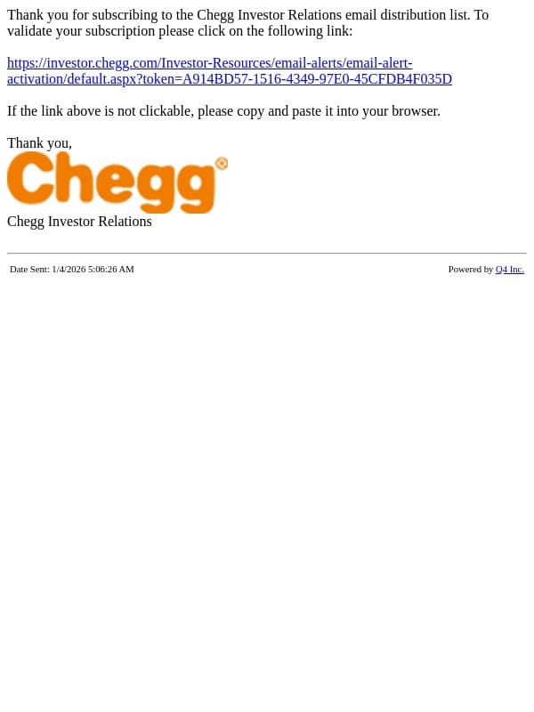 Chegg Investor Relations Website - Validate Account email from Chegg screenshot