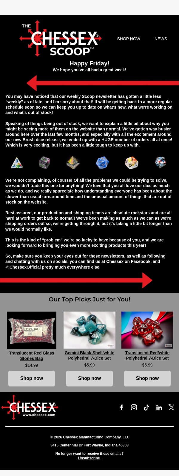 Catch the Latest Chessex Scoop! email from Chessex screenshot