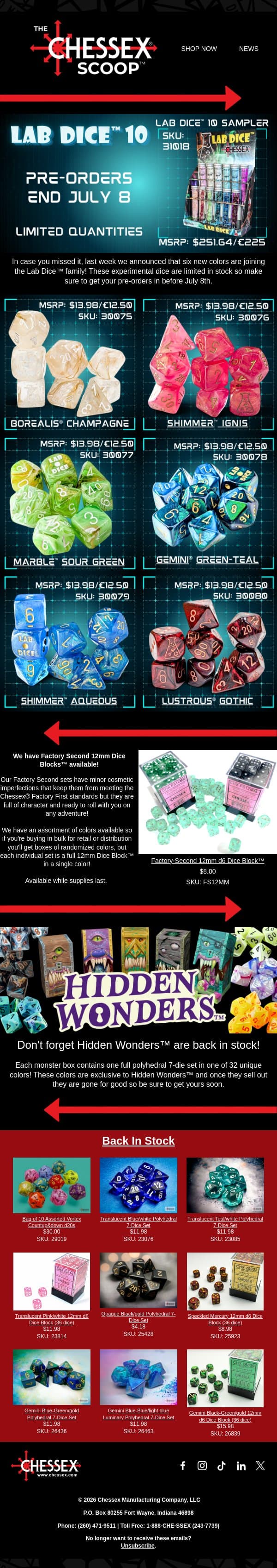 Get Your Lab Dice 🧪 Before They're Gone! email from Chessex screenshot
