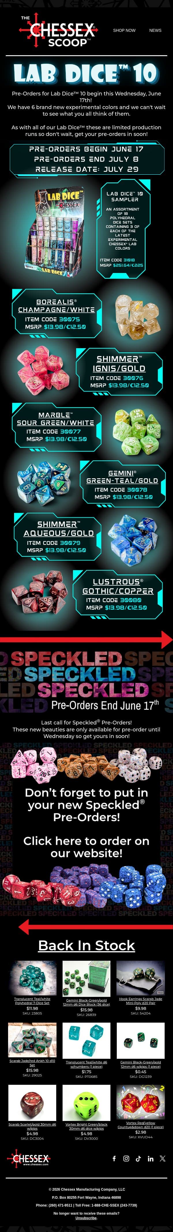 📢 Last Call for Speckled Dice Pre-Orders! email from Chessex screenshot