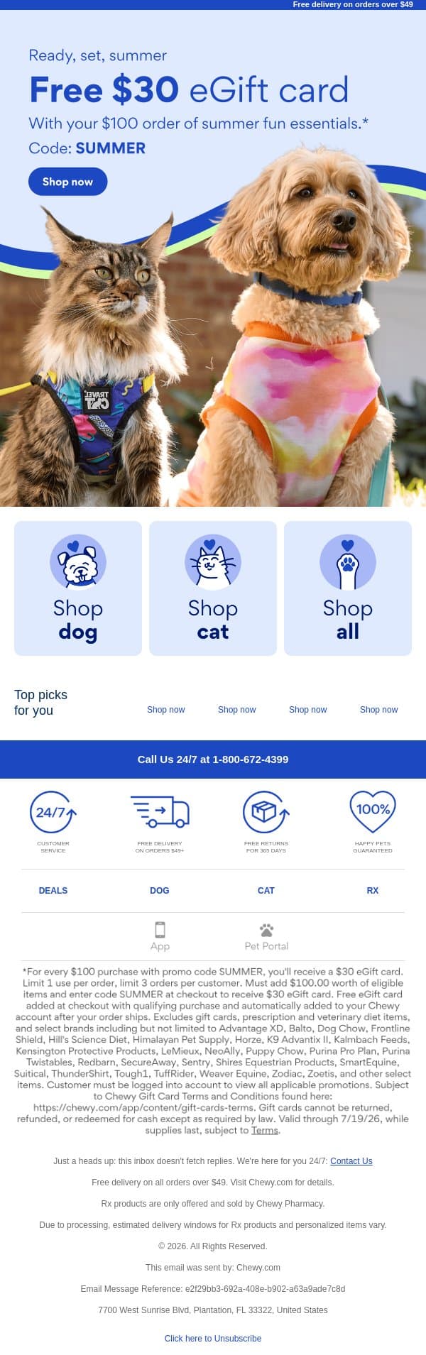 Free $30 eGift Card email from Chewy screenshot