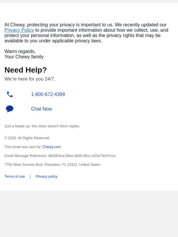 We’ve updated our consumer Privacy Policy email from Chewy screenshot