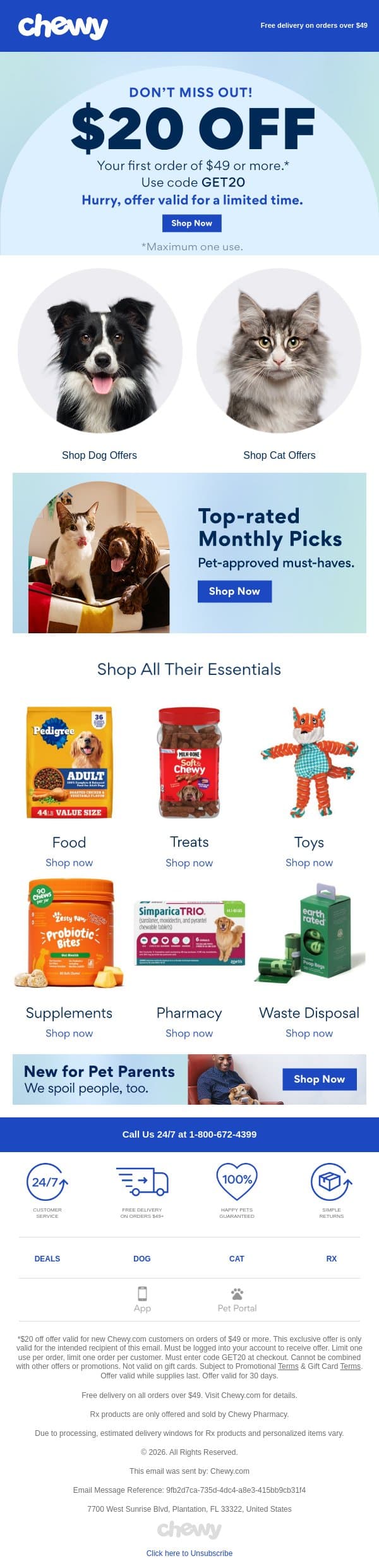 Just for you Adam, $20 off your 1st purchase of $49+ email from Chewy screenshot