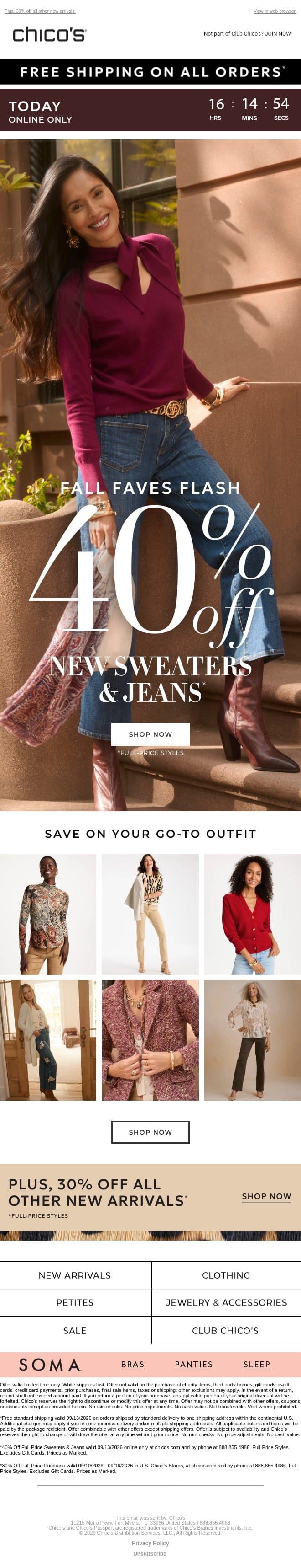 TODAY ONLY! 40% off FALL sweaters & jeans email from Chico's screenshot