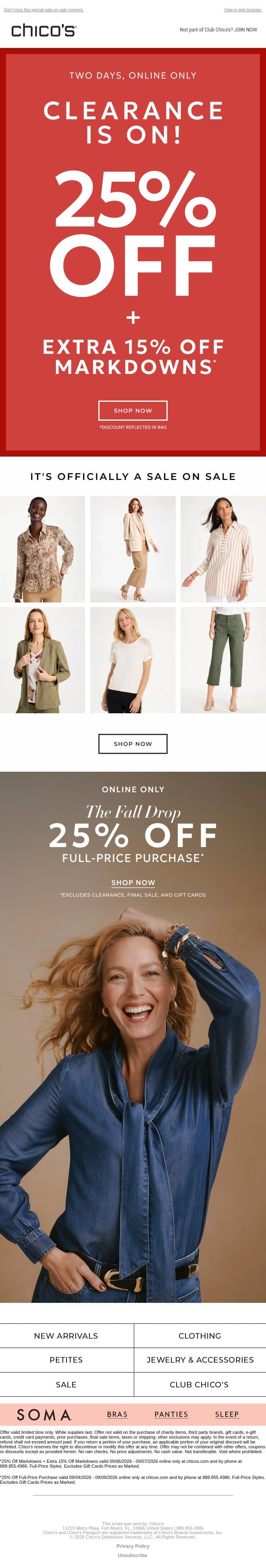 ENDS TOMORROW! 25% off + EXTRA 15% off markdowns email from Chico's screenshot