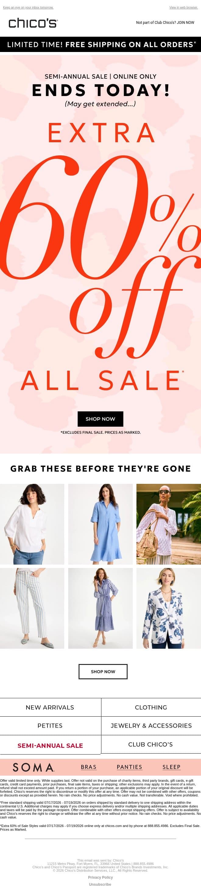 FINAL HOURS for Extra 60% off sale (Unless we extend it...) email from Chico's screenshot