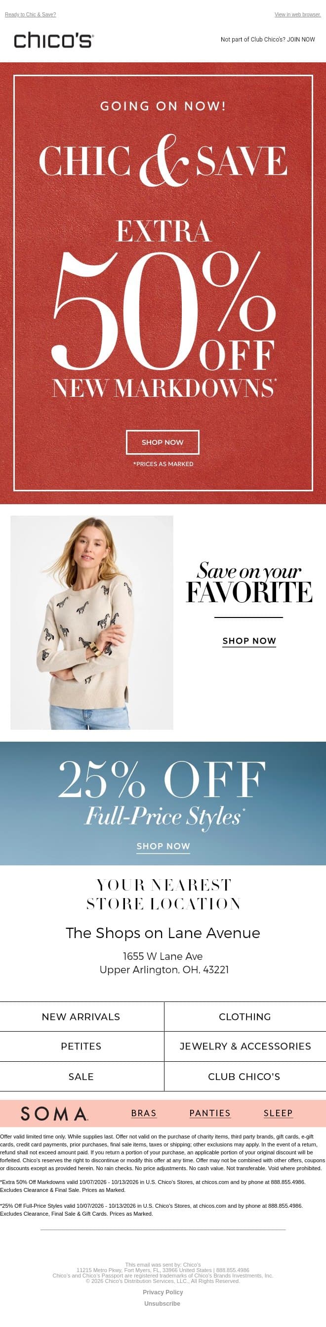 EXTRA 50% off NEW markdowns is ON 🚨 email from Chico's screenshot