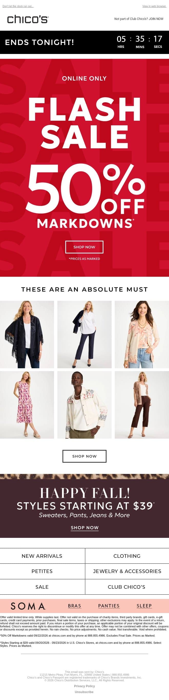 FINAL HOURS! 🚨 50% OFF MARKDOWNS email from Chico's screenshot