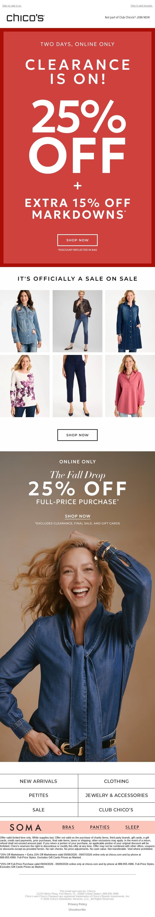 2-DAY CLEARANCE FLASH! 25% + EXTRA 15% off email from Chico's screenshot