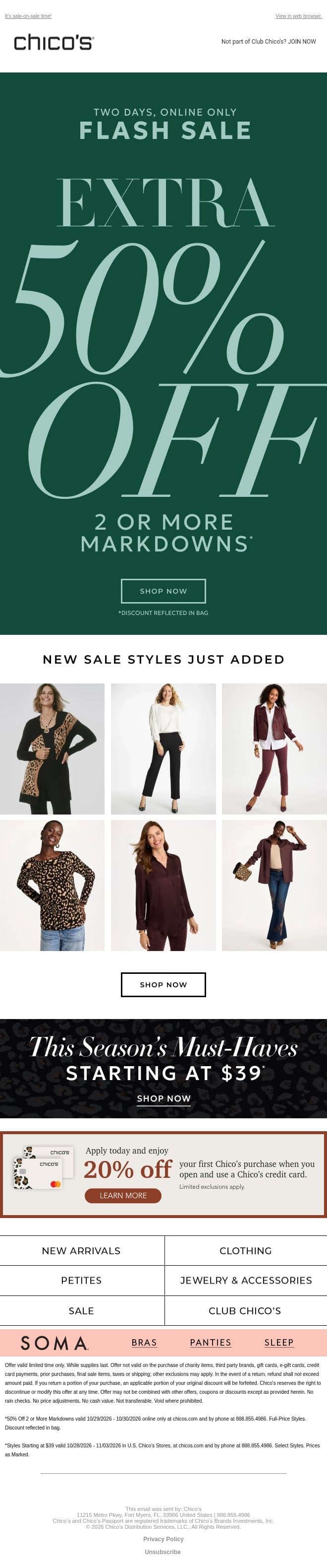 EXTRA 50% off 2+ new markdowns email from Chico's screenshot