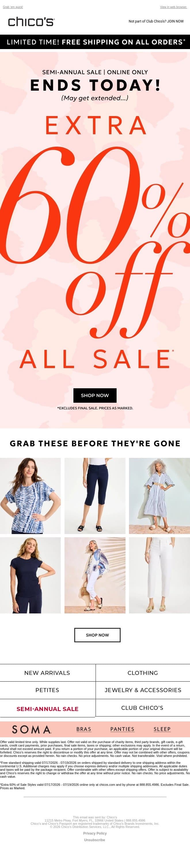 Extra 60% Off Sale Ends Today (But We Might Extend It 👀) email from Chico's screenshot