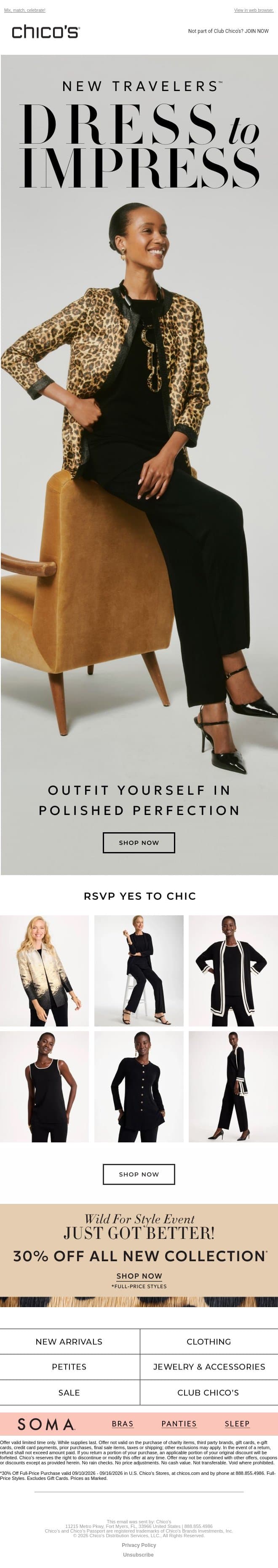 30% Off Full-Price Styles + Travelers™ Sets: The Travel-Ready Separates You Need email from Chico's screenshot