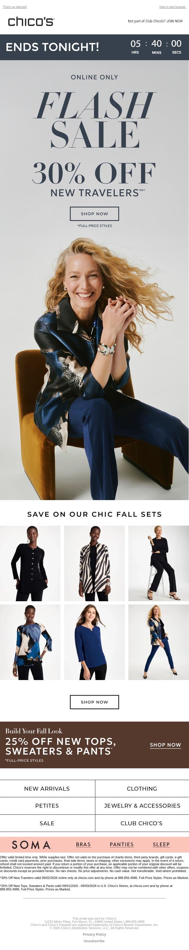 FINAL HOURS! 30% OFF NEW TRAVELERS™ email from Chico's screenshot