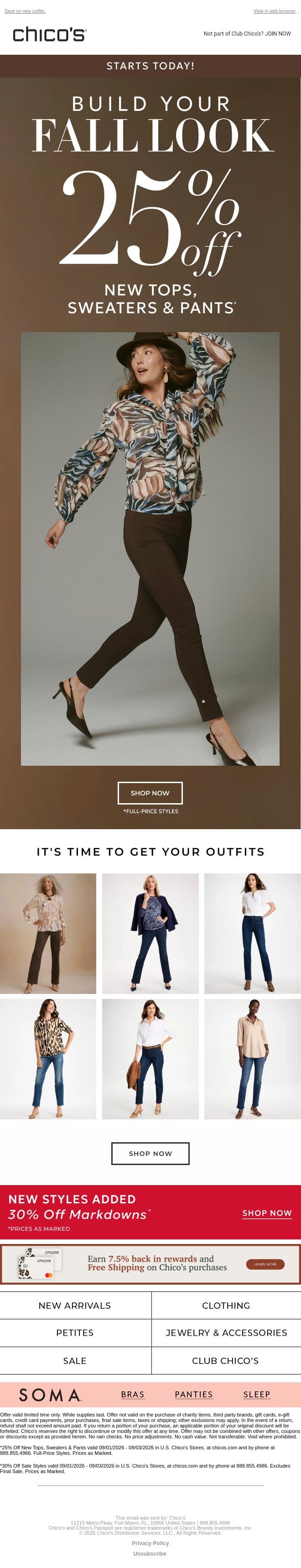 Step Into Fall: 25% OFF TOPS, SWEATERS & PANTS! email from Chico's screenshot
