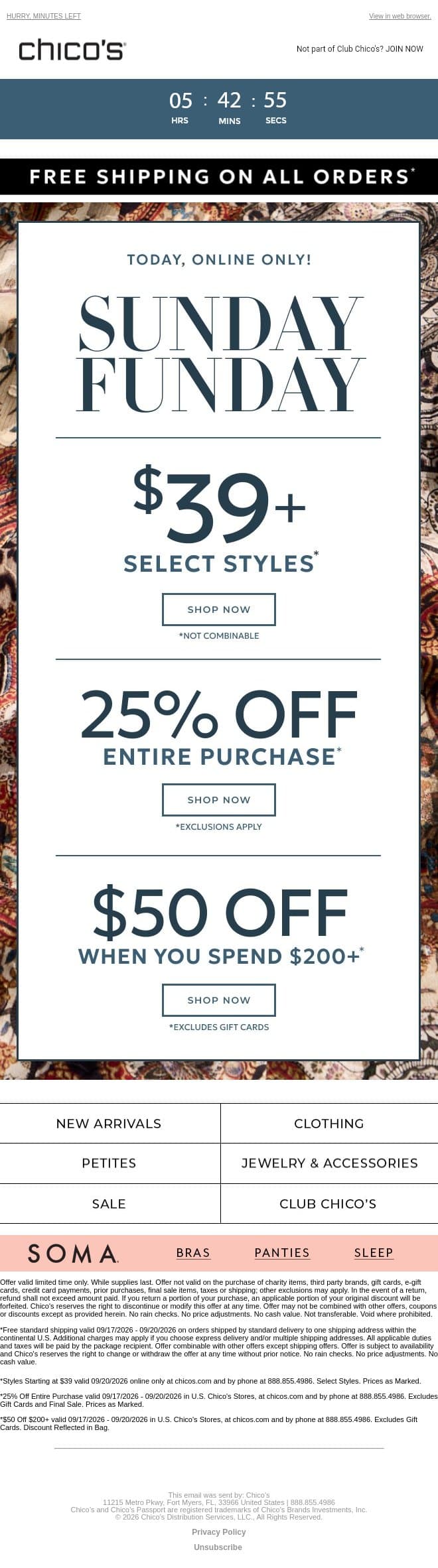 Last Call! 25% Off + FREE Shipping + more email from Chico's screenshot