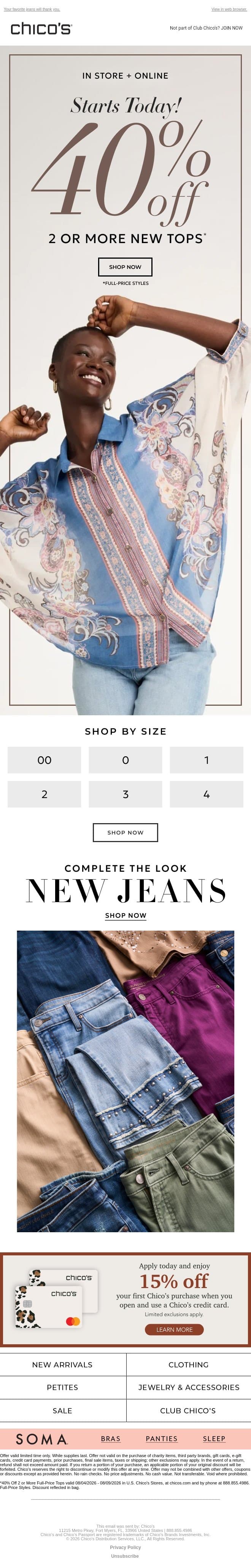 Starts now: 40% off 2+ new tops email from Chico's screenshot