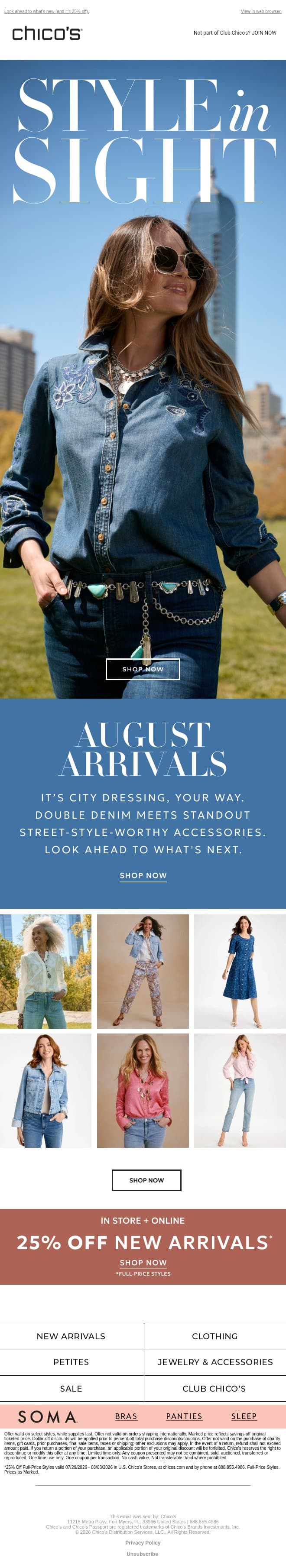 Just arrived: 25% off August-ready styles email from Chico's screenshot