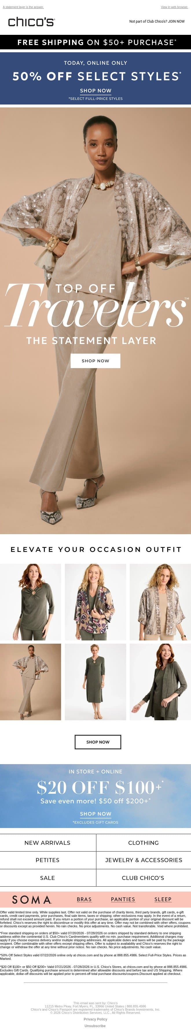 The Travelers™ Occasion Maker + $20 off $100 (Excl Apply) email from Chico's screenshot
