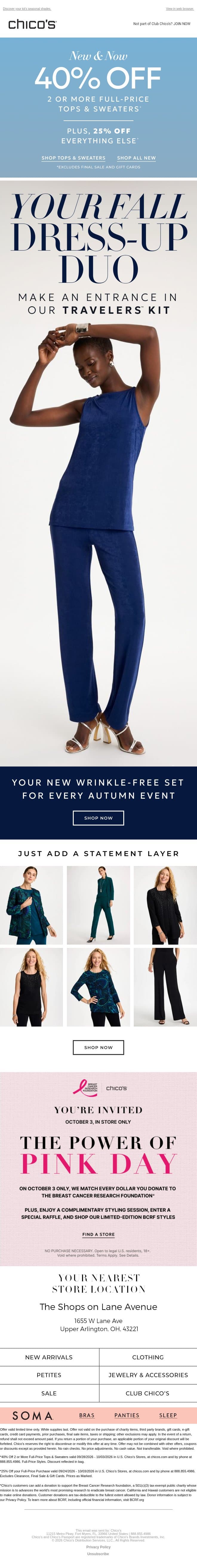 25% off everything + Just-Arrived Travelers™ for Fall Occasions email from Chico's screenshot