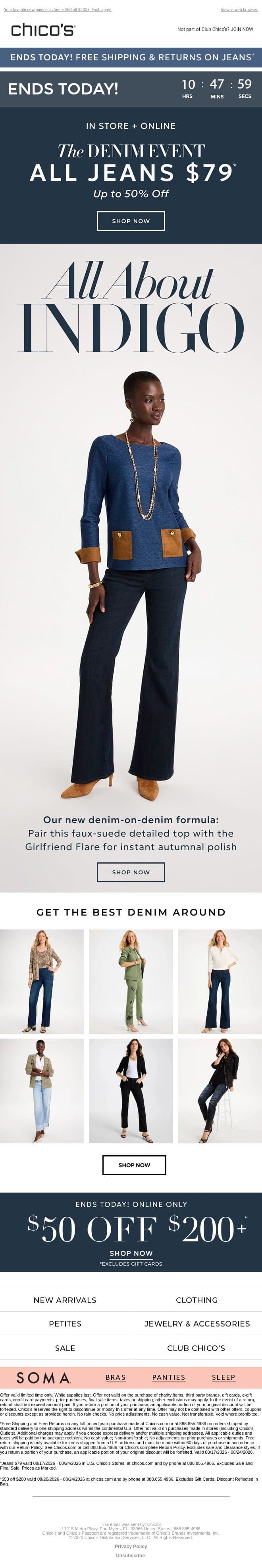 Ends Tonight! $79 Jeans email from Chico's screenshot