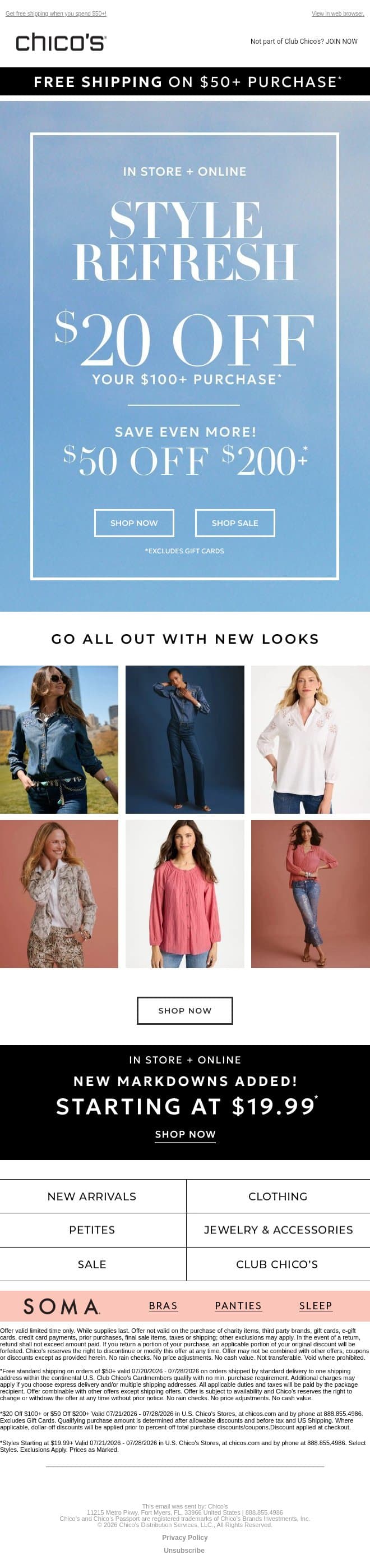 Hit Refresh! $20 off $100+ or $50 off $200+ (Excl. Apply) email from Chico's screenshot