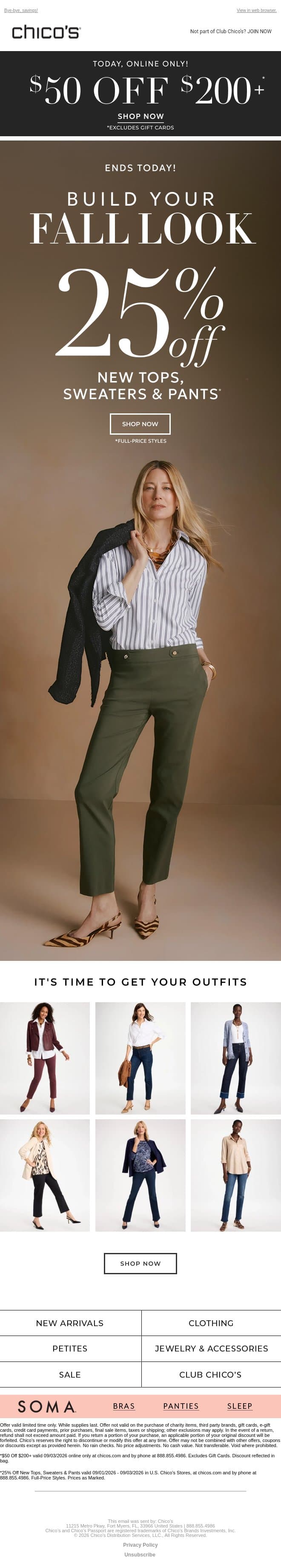 LAST LOOK! 25% off and $50 off $200+ (excl .apply) email from Chico's screenshot