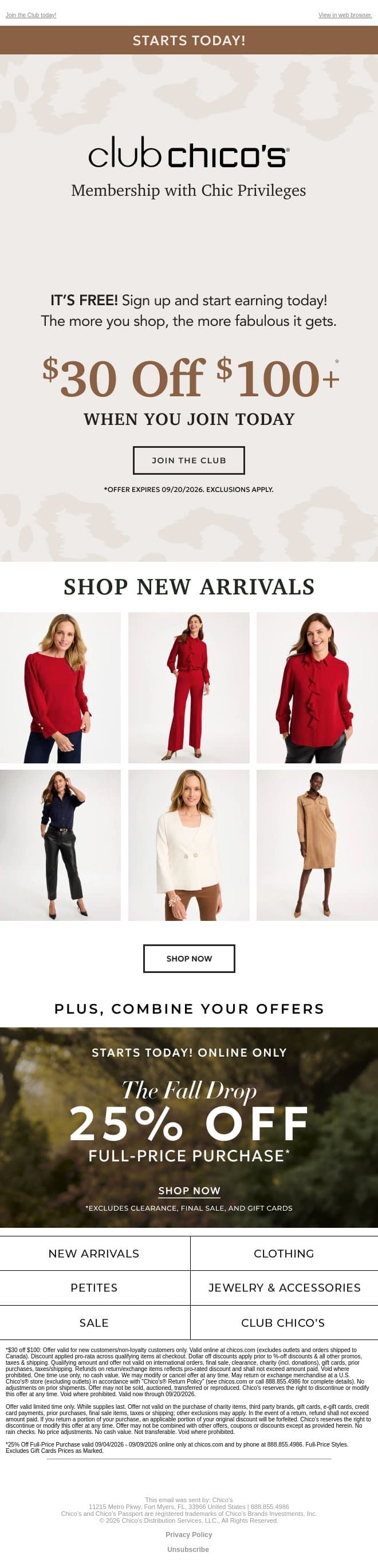 Here’s $30 off $100+ to welcome you! (excl. apply) email from Chico's screenshot