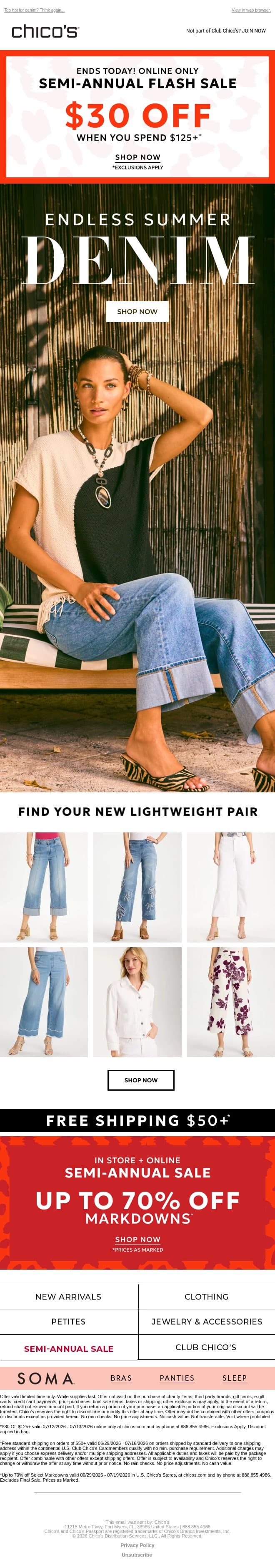 Summer-Approved Jeans + $30 off $125+ *excl. apply email from Chico's screenshot