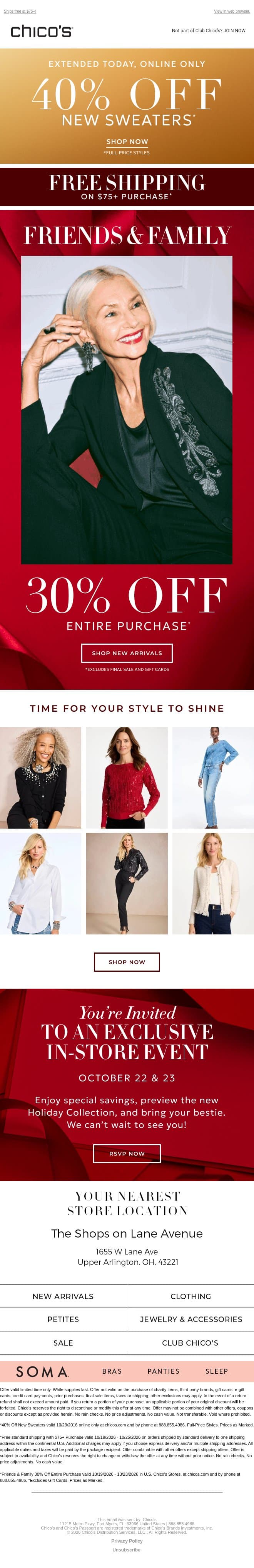 ༄˖°.🍂.ೃ࿔*:･40% Off Sweaters Ends Tonight! email from Chico's screenshot