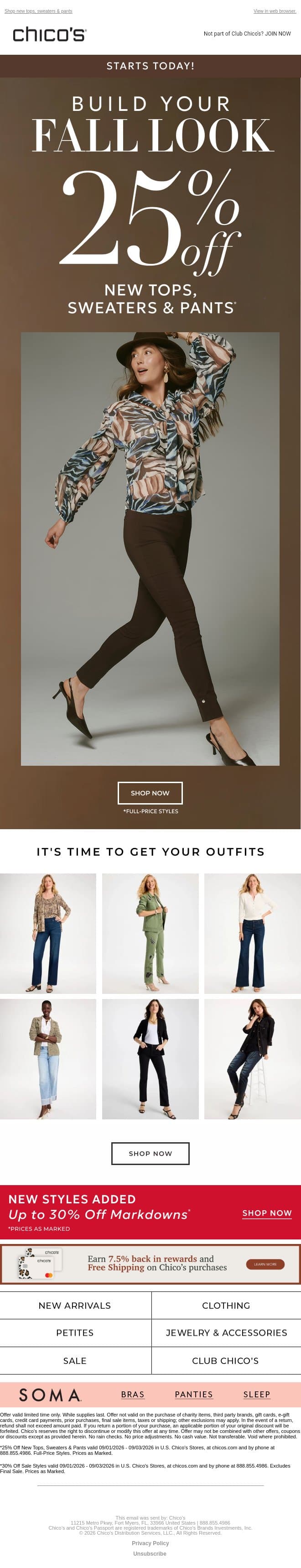 Build Your Fall Look (25% Off) Starts Now! email from Chico's screenshot