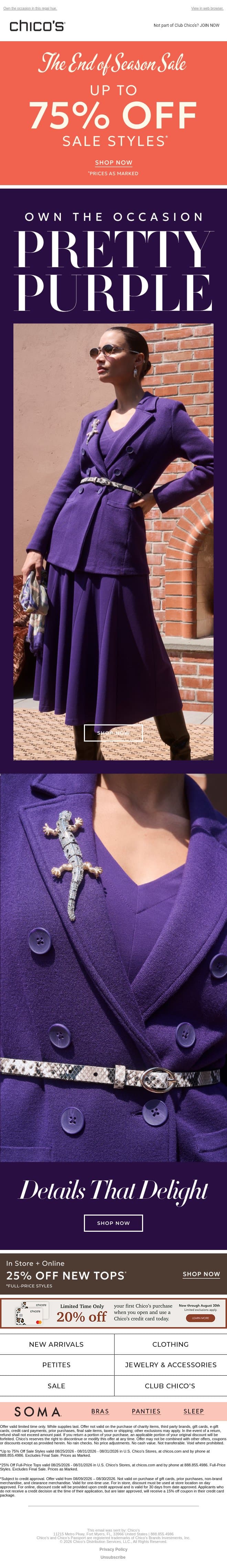 Up to 75% OFF Sale + Fall’s Purple Reign 💜 email from Chico's screenshot