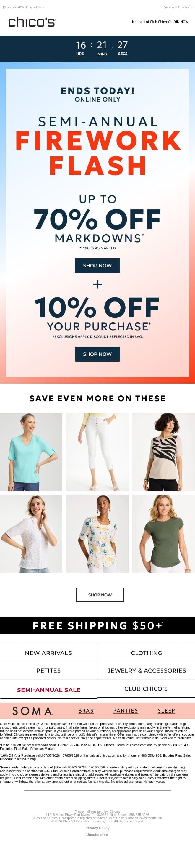 July 4th weekend wrap-up: 10% off ends today email from Chico's screenshot