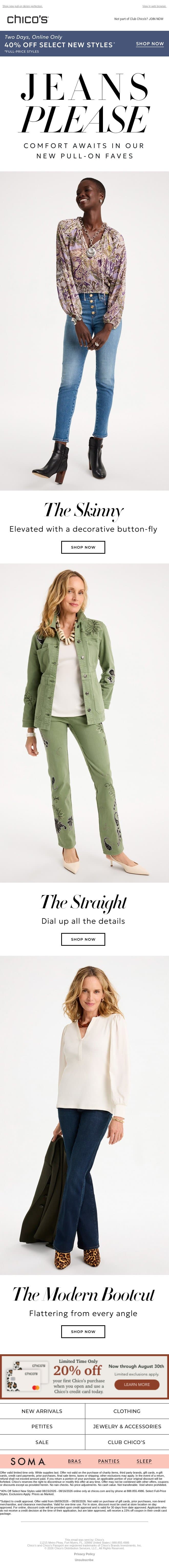 Ditch the zipper for fall’s comfiest jeans + 40% off faves email from Chico's screenshot