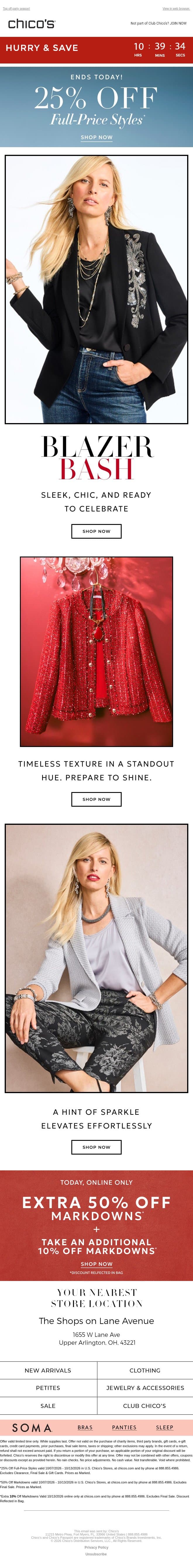 BEAT THE CLOCK ⏰ Extra 50% Off Markdowns + 10% Off! email from Chico's screenshot