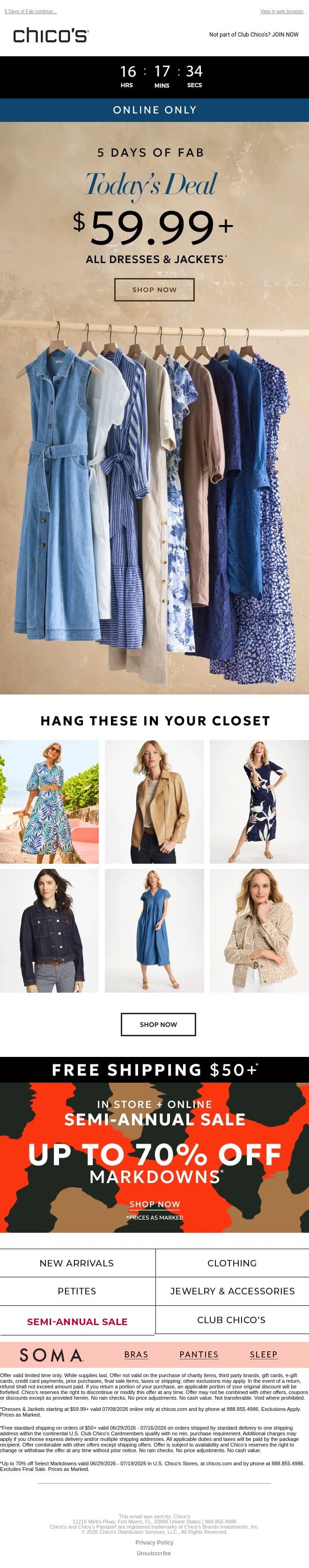 Today’s Deal: $59.99+ ALL Dresses & Jackets email from Chico's screenshot