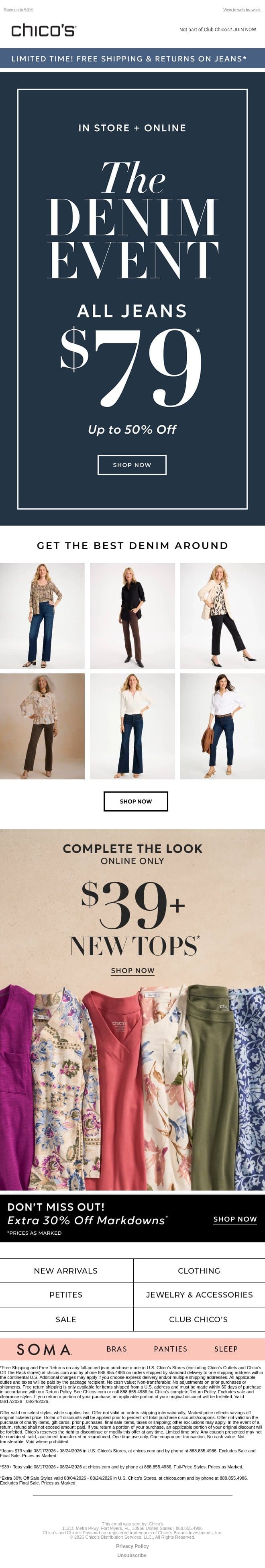 All the jeans you need are here (and on sale) + more *WOW* savings! 😍👖 email from Chico's screenshot
