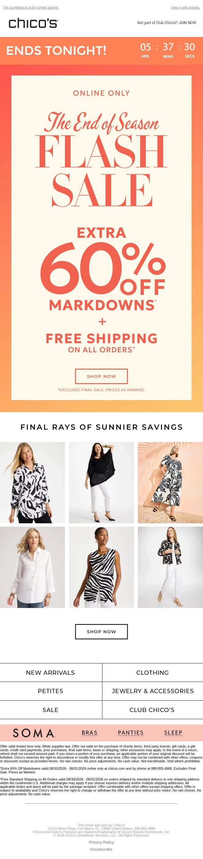 🕚 Clock’s ticking: EXTRA 60% off markdowns + free shipping email from Chico's screenshot
