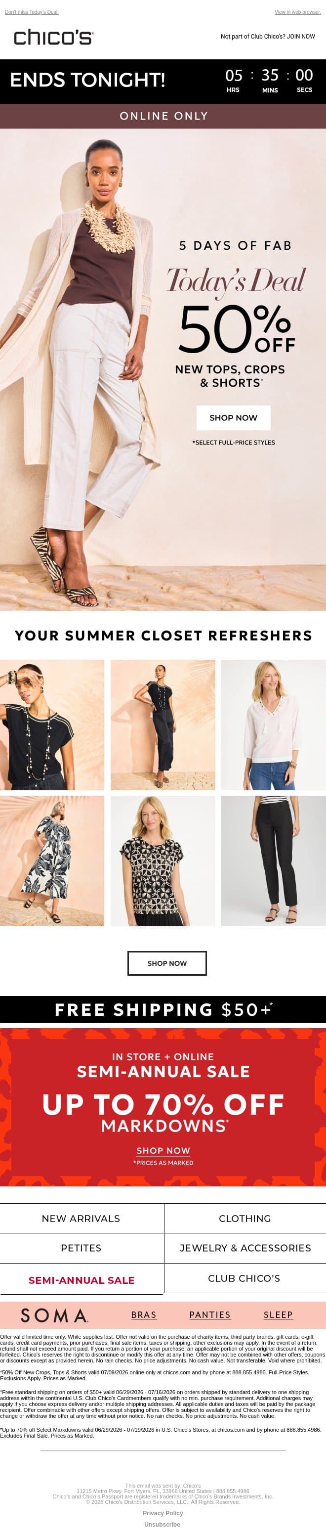 FINAL HOURS! 50% off NEW tops, crops & shorts email from Chico's screenshot