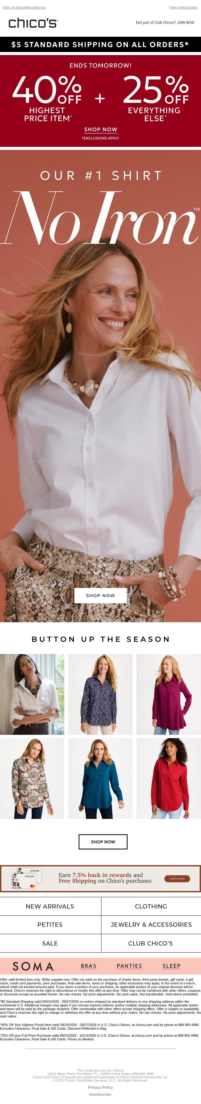40% off | The Only Shirt You’ll Ever Need email from Chico's screenshot