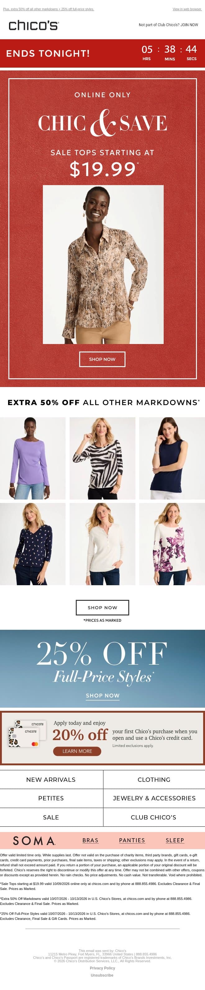 Drop everything: $19.99+ sale tops FINAL HOURS email from Chico's screenshot