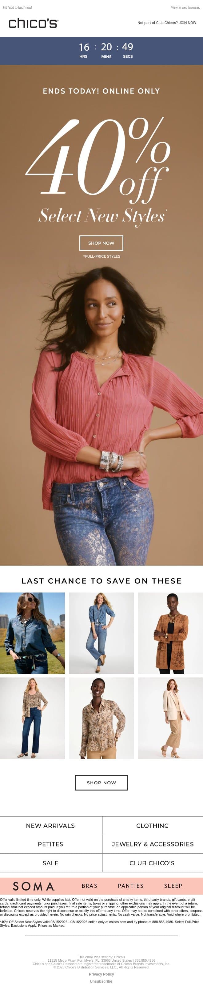 40% off our new faves ends today! email from Chico's screenshot
