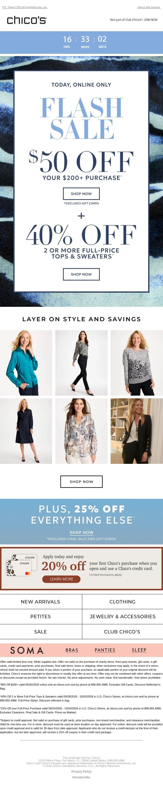 TODAY ONLY: $50 off + 40% off 2+ full-price tops & sweaters email from Chico's screenshot