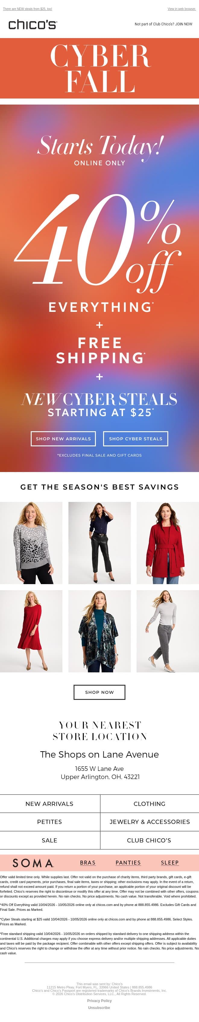 🍁 CYBER FALL is here! 40% OFF EVERYTHING + FREE SHIPPING email from Chico's screenshot