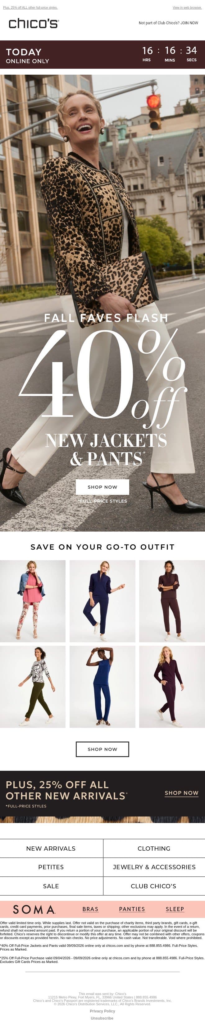 TODAY ONLY! 40% off NEW jackets & pants email from Chico's screenshot