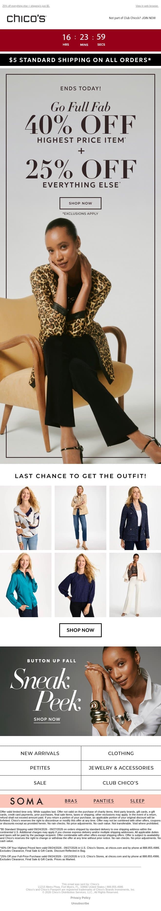 LAST CALL: 40% off one NEW style! email from Chico's screenshot